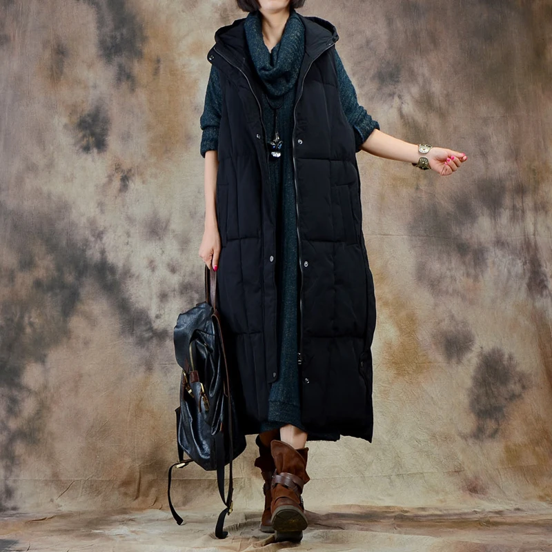YNZZU Vintage 2018 Autumn Winter Women Down Vest Solid Color Long Style Elegant Female Waistcoat Hooded Warm Parka Outwear YO650