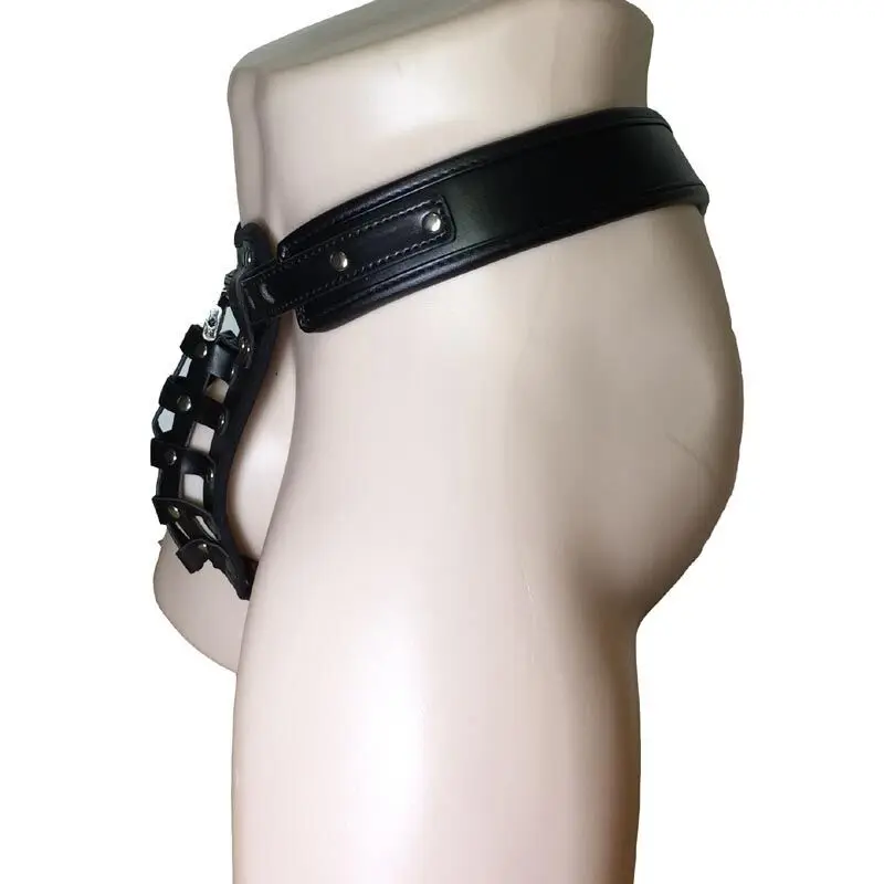 Men PU Leather Lockdown Penis Cage Knickers Chastity Underwear G-String Under Pants Fetish