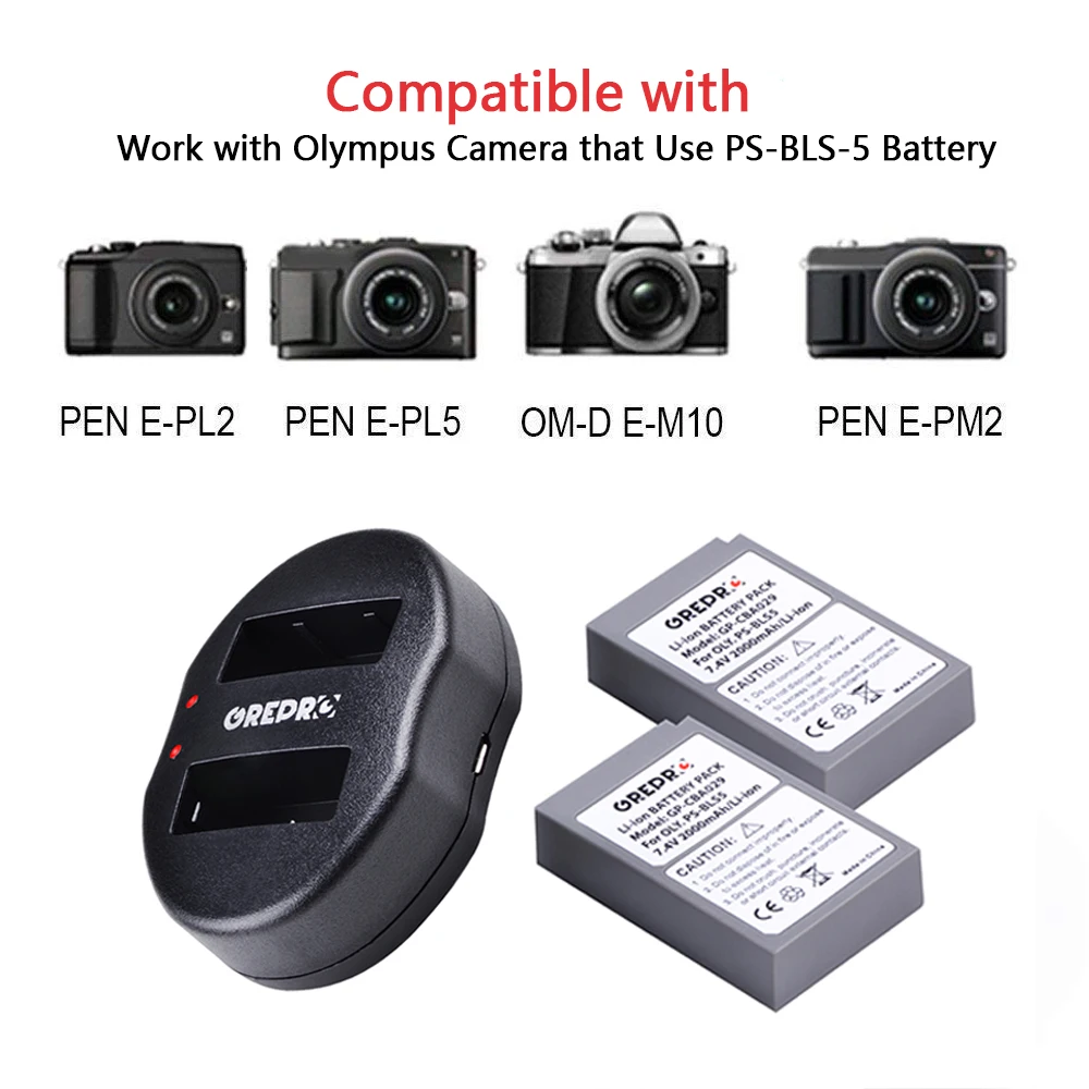 2pcs 2000mAh BLS-5 BLS5 Bls50 Camera Battery+USB Dual Charger for Olympus OM-D E-M10,Mark III/II,PEN E-PL2,E-PL6,E-PM2,Stylus 1