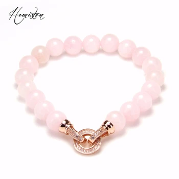 

Thomas 8mm Rose Pink Quartz Bead Bracelets with Rose Gold Color Macro Paved CZ Circle Clasp, Romantic Jewelry Gift Women TS B144
