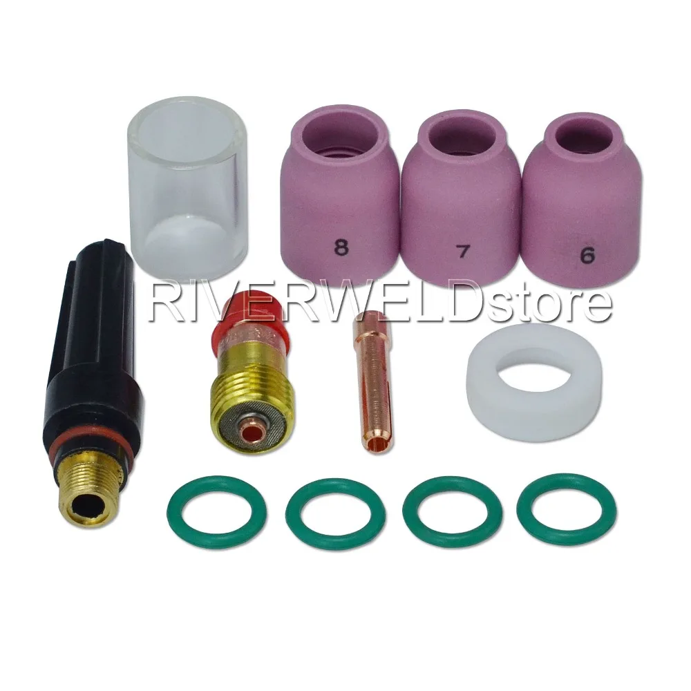 TIG KIT Stubby Gas Lens 17GL18 3.2mm & #10 Pyrex Cup Alumina Nozzle Consumables Accessorie Fit WP 17 18 26 TIG Welder 12PCS