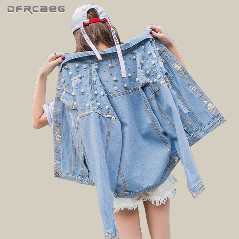 Vintage Blue Women Basic Denim Jacket With Pearls Beading 2018 Autumn Long Sleeve Oversized Jeans Coats Loose Female Top Outwear