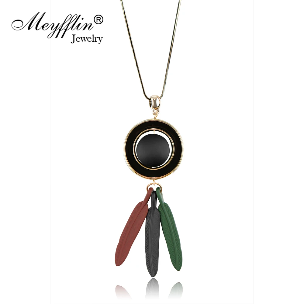Meyfflin Mulheres Colar Feminino 2017 Nova Cor Doces Teste Padrão Da Pena Longo Colar de Pingente Camisola Cadeia de Moda Jewlery Collier