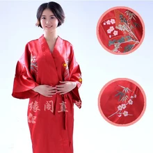 Женский халат китайский традиционный стиль вышивка бамбук и кран халат-кимоно с поясом ночной халат