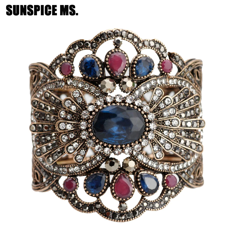 SUNSPICE MS, турецкий Женский Браслет-манжета, браслет, античное золото, синий цвет, смола, широкая сторона, эластичное запястье, ювелирное изделие, этнический свадебный подарок