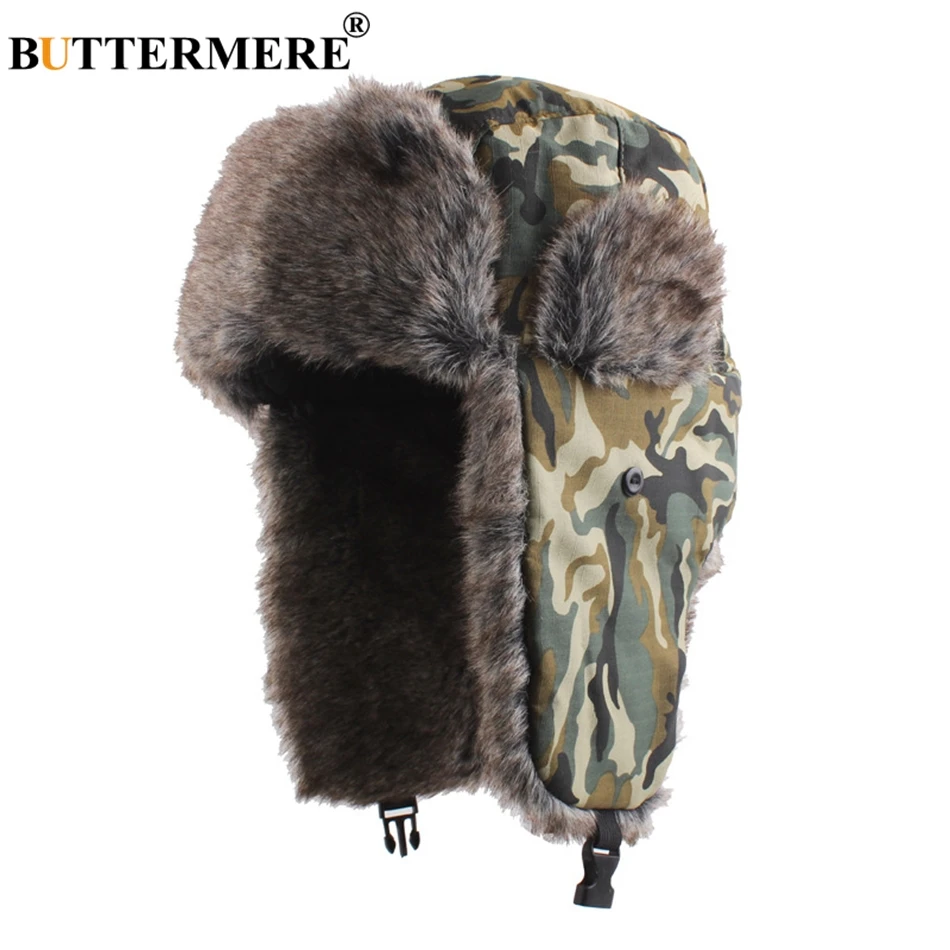 

BUTTERMERE Russian Hat With Earflaps Bomber Hats Men Camouflage Cap Fur Women Biker Thicker Warm Snow Casual Winter Hat Ushanka