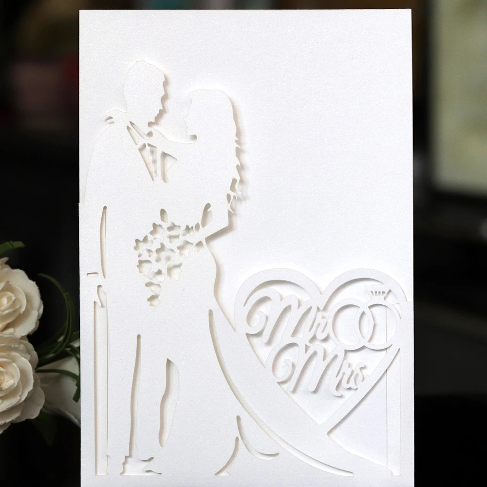  Bride and Groom Paper Cut Silhouette Laser Hollow Wedding Invitation Card with Ribbon for Wedding P - 33052581714