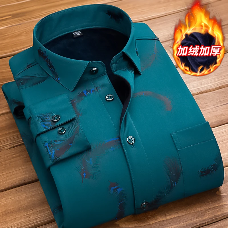 New Arrival Male Warm Long Sleeve Shirts Winter Thick Plush Business Clothes Elastic Slim Fit Casual Shirt