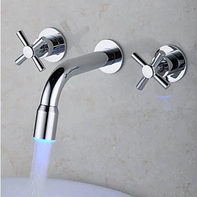 Bathroom Sink Faucet Wall Mount Chrome Polish 3 Led Light Color
