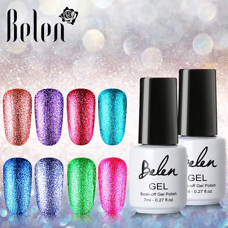  Belen 7ml Bling Platinum Glitter Color Nail Gel Polish Soak off LED UV Lamp Lacquer Black Red Semi 