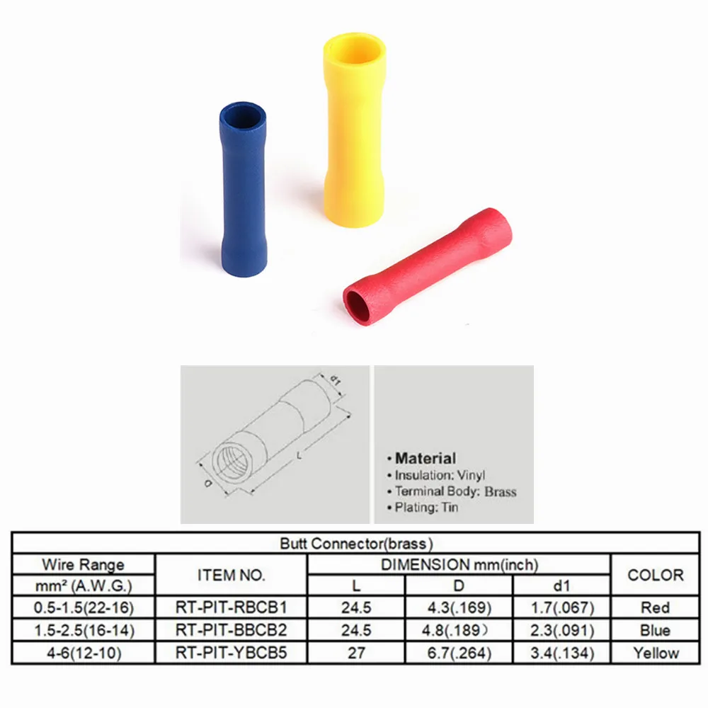 Raytech проводка Соединительный изолированный Электрический обжим терминал латунные стыковые соединители 50 шт