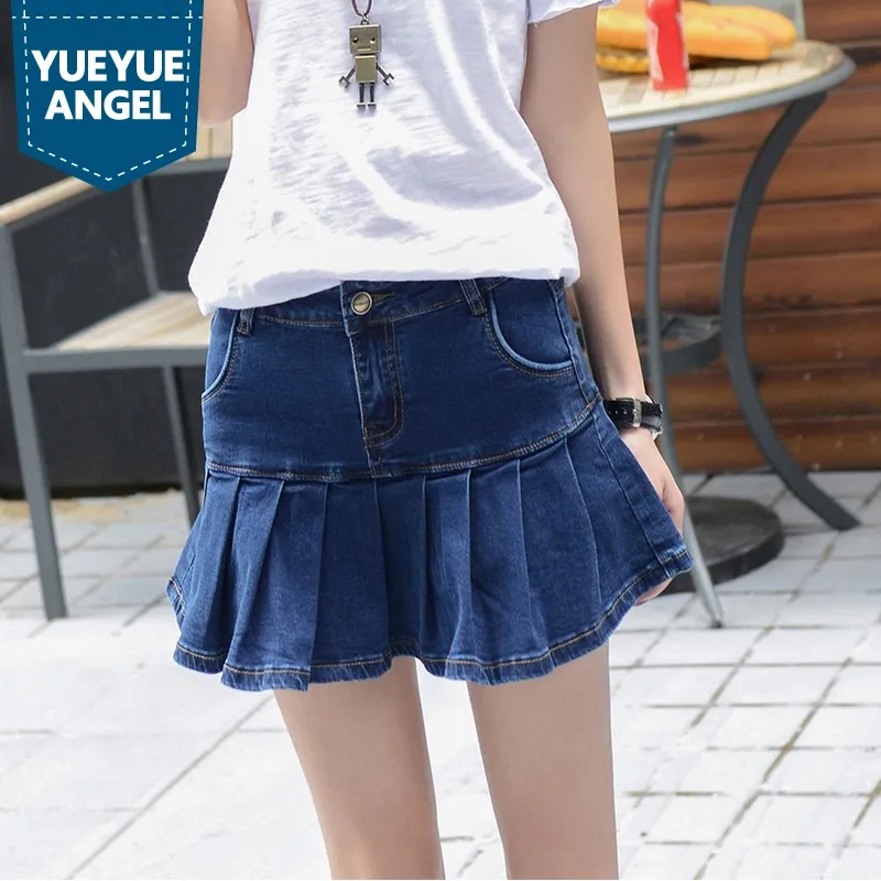 Fashion Sexy Denim Shorts Skirts Pleated Skirt For Women Preppy Style
