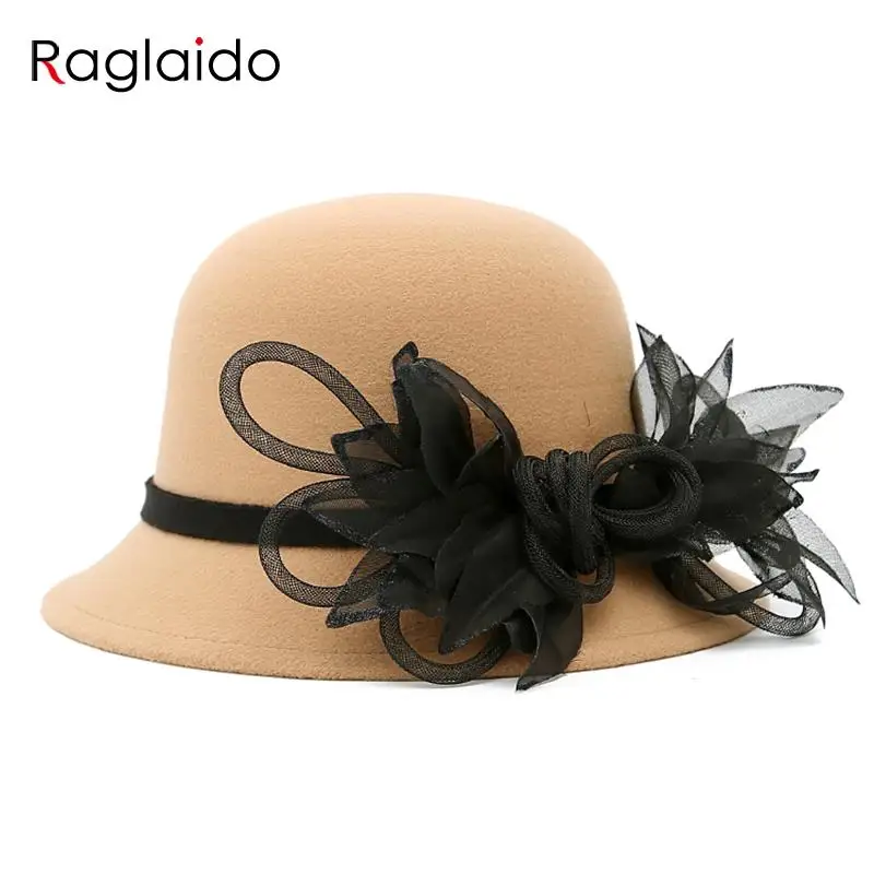 

Raglaido Winter Felt Fedora Hat for Woman Solid with Black Floral Lace Nobility Princess Hats Brim Ladies Church Hat LQJ01147