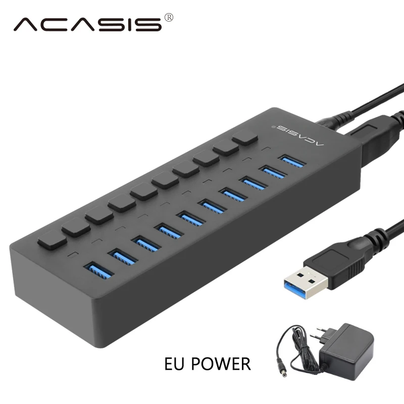 Acasis usb-хаб 3,0 10 портов супер скорость 5 Гбит/с Портативный USB 3,0 концентратор разветвитель с внешним адаптером питания ПК для аксессуаров - Цвет: EU plastic black