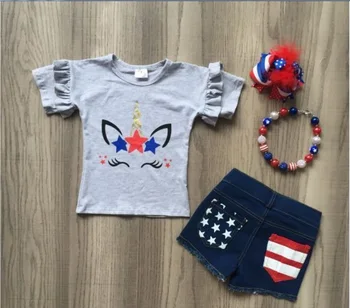 

hot new arrival baby girls summer unicorn top grey shirt with ruffle bay children's independence day outfits with accessories