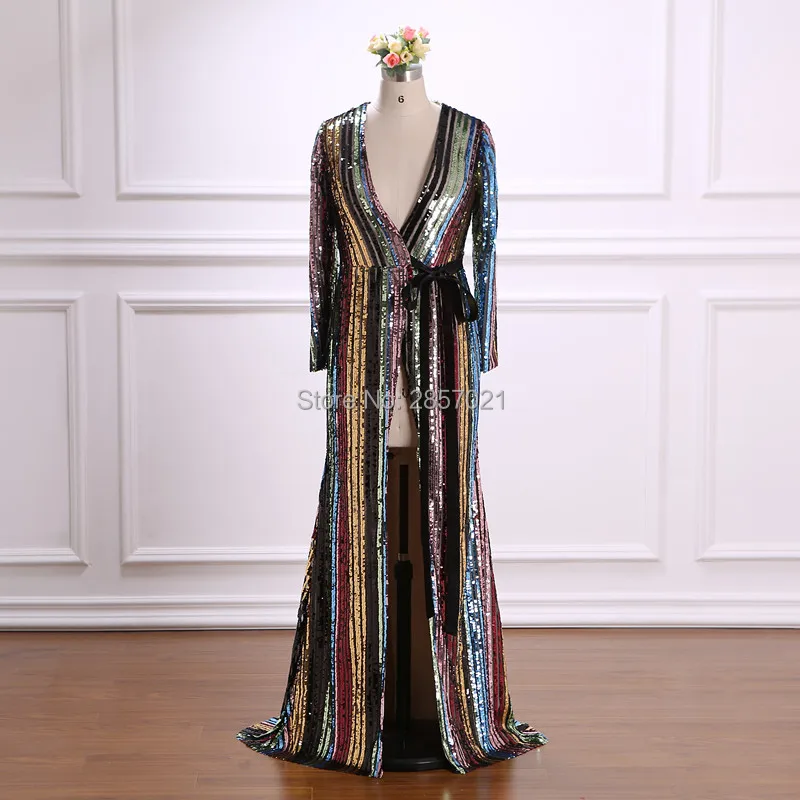 

Multi colorful Sequined fabric Plus Size Formal Evening Dresses V-Neck Long Sleeves Custom Made Prom Dresses Robe De Soiree