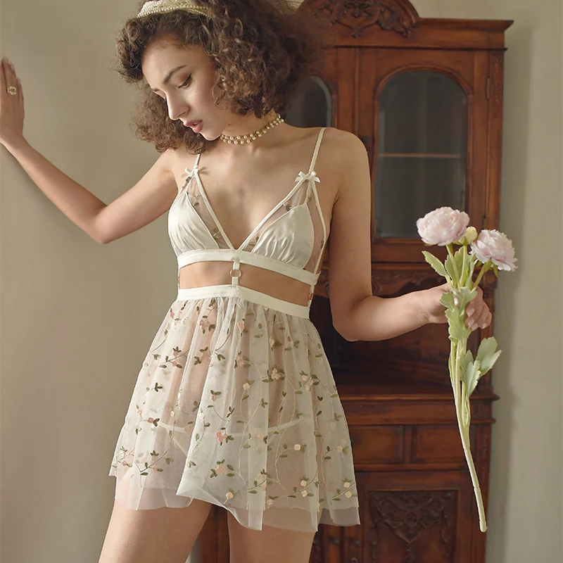 

Beautiful Sexy Pyjamas Small Flowers Embroidery Sheer Mesh Gauze Sleeping Baby Doll Lingerie Dress with Panties