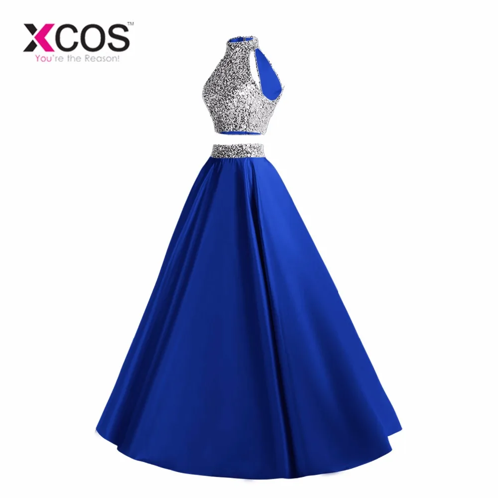 XCOS Королевский синий два шт Выпускные платья Длинные 2018 Блестки vestido de festa