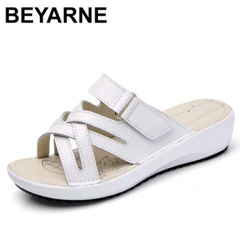 

BEYARNEGenuine Leather Women's Platform Sandals Open Toe Light Soft Women Flat Slides Casual Woman Corss Tie Summer ShoesE778