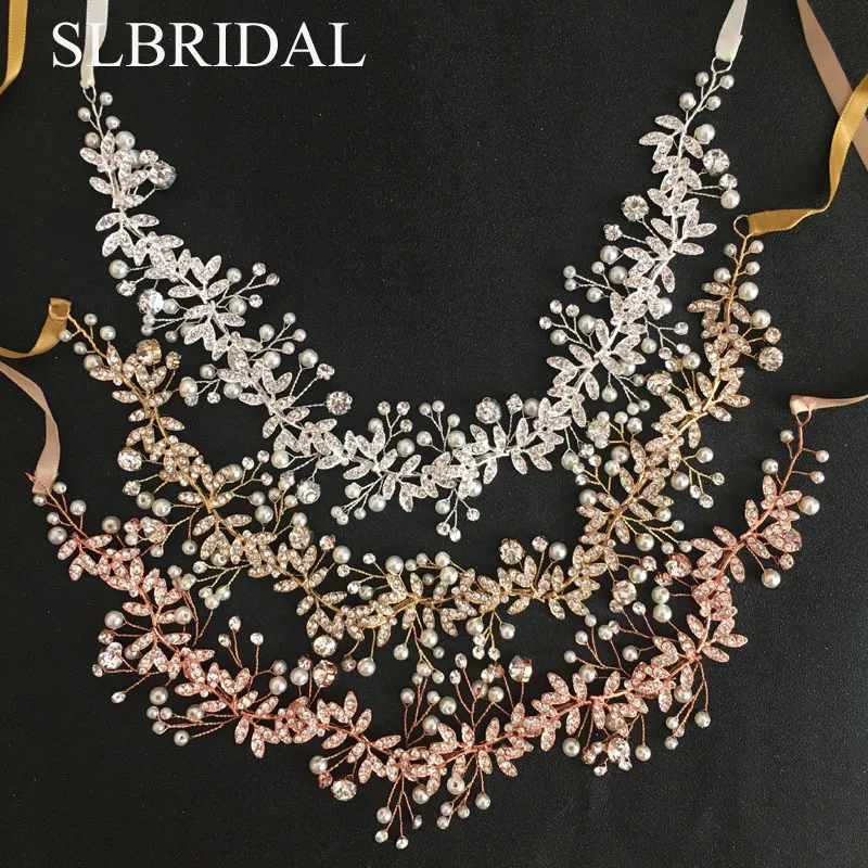 Женский обруч для волос SLBRIDAL цвета розового золота с кристаллами и жемчугом