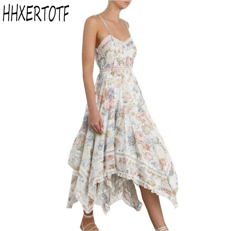 

2019 New arrival Runway Dress floral print Summer V-neck Asymmetry sleeveless Casual women dresses bohemia long dresses