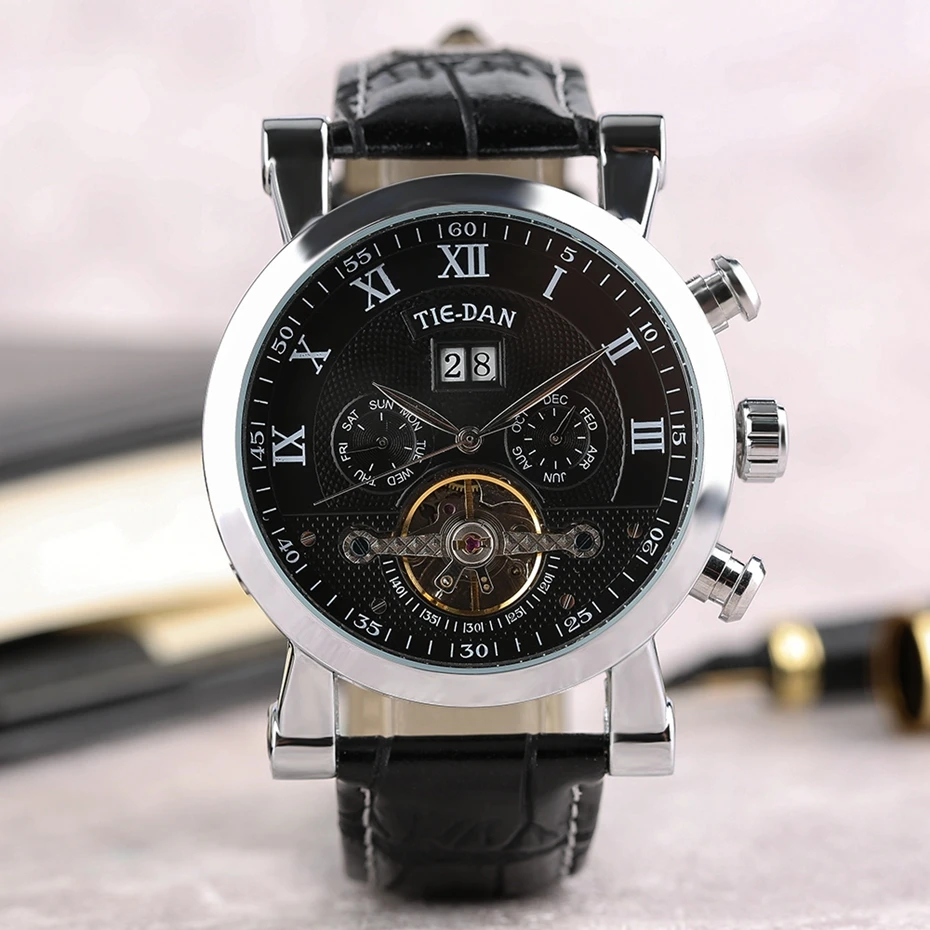 Men's Tourbillon Mechanical Watch Luxury Business Self-Winding Wrist Watch Trendy Genuine Leather Fashion New Time Date Display Best Christmas GiftS for Men Male (7)