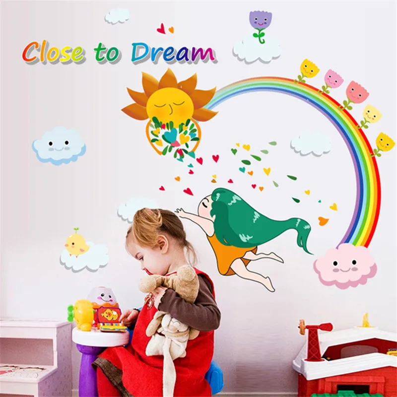 

Cartoon Rainbow Sun Cute Girls Wall Stickers For Kids Room Home Wall Decoration Decals Removable PVC Bedroom Mural Self Adhesive