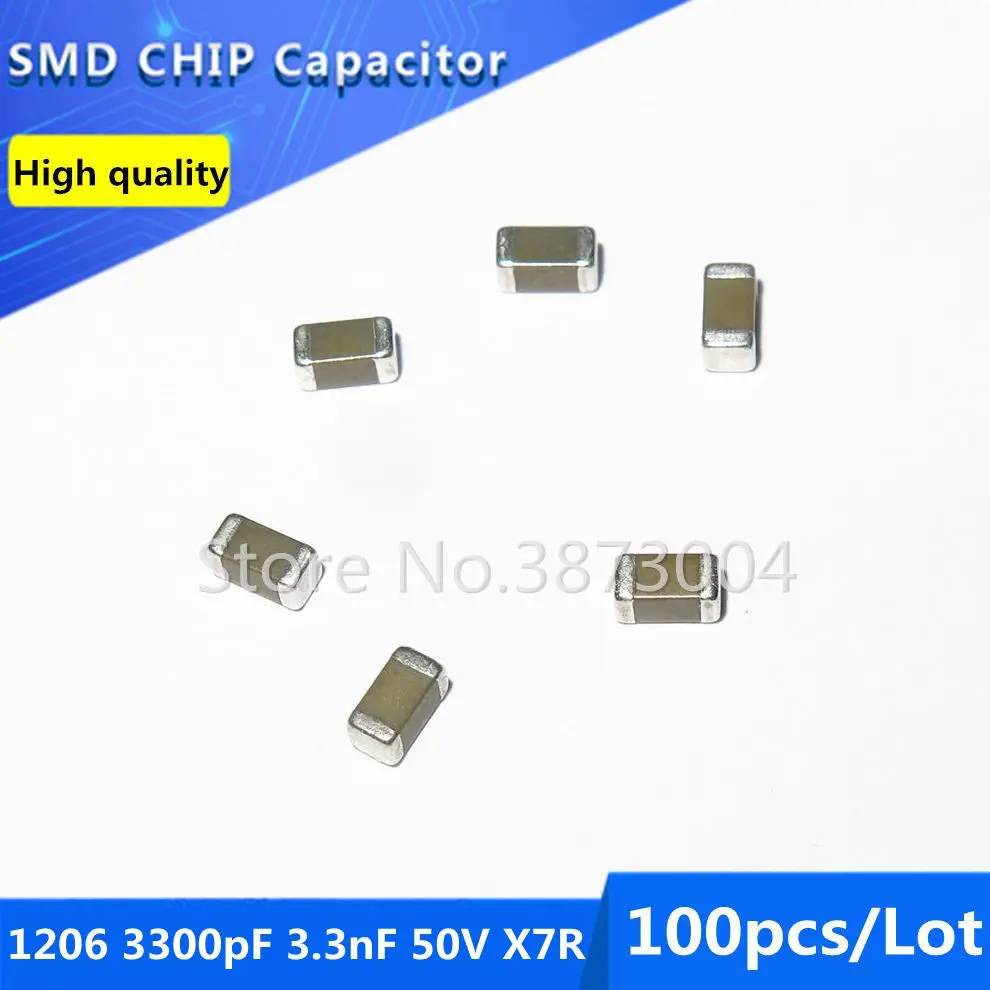 

100pcs 1206 3300pF 3.3nF 50V X7R 10% Thick Film Chip Multilayer Ceramic Capacitor