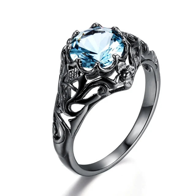 New Crystal Ocean Blue Stone Ethnic Rings Created Aquamarine Black New Crystal Ocean Blue Stone Ethnic Rings Created Aquamarine Black Gold Color Women Engagement Party Ring