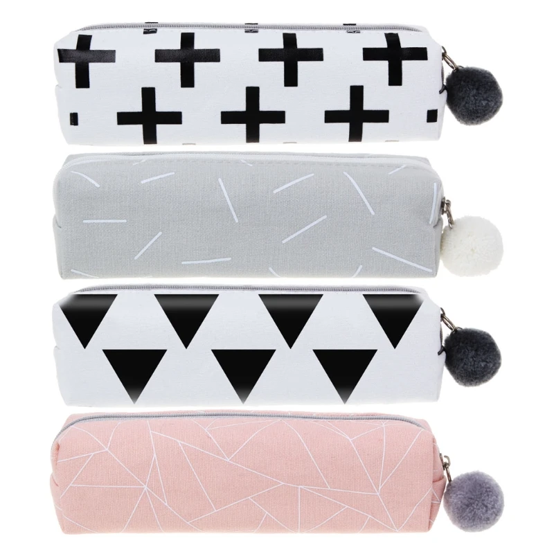 

1 Pc Girls Student Pencil Case With Fur Ball Stationery Canvas Bag Cosmetic Pouch