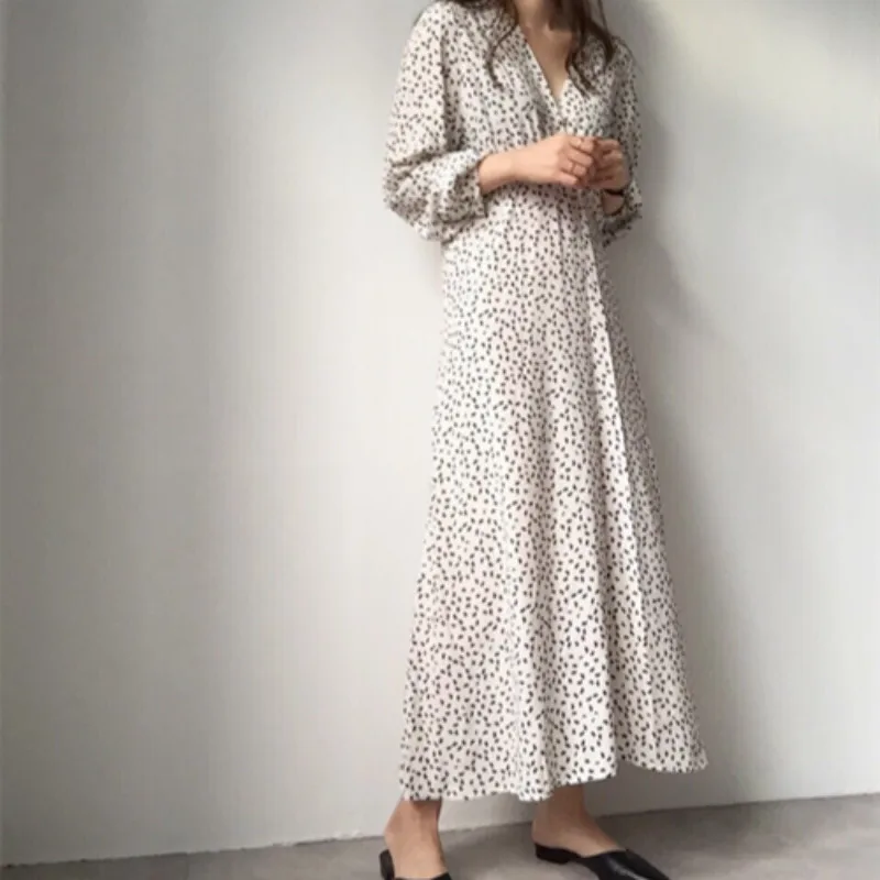 

Women summer Sexy Ruffle V Neck Long Sleeve Long Dresses Female Elegant Floral Vestido A-line Sarafan Robe Femme Zomer Jurk