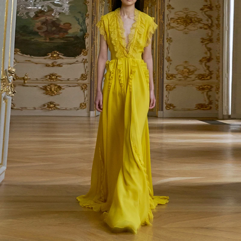 

HIGH QUALITY Newest 2019 Summer Runway Dress Women's V-neck Ruffles Yellow Long Dress