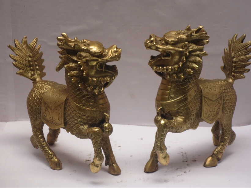 

Metal crafts 1 Pair Of Chinese brass Carved Kylin Statue ,Home Decoration Metal Unicorn Scupture fast shipping