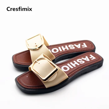 

Cresfimix women casual black pu leather flat slippers lady soft & comfortable beach flip flops female fashion beige slippers