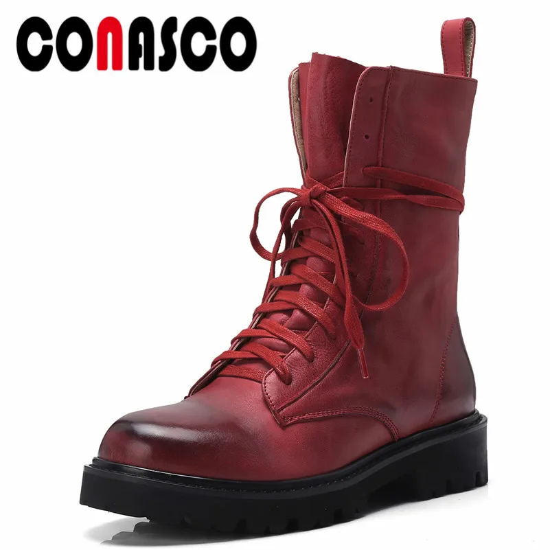 

CONASCO 1Fashion Women Ankle Boots Genuine Leather Autumn Winter Warm Motorcycle Boots Cross-tied Casual Squared Shoes Woman