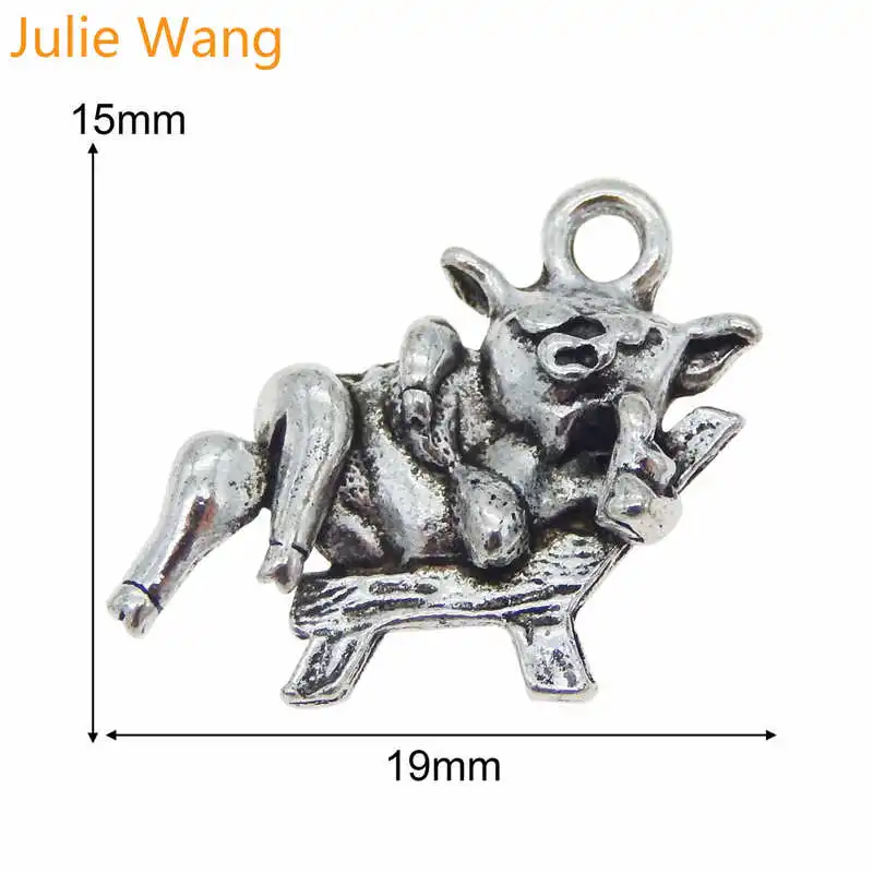 Julie Wang 10PCS Antique Silver Cow lying in Chair Cartoon Animal Charms For Necklace Pendant Bracelet Jewelry Making Accessory