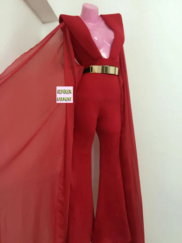 Женский сексуальный клубный цельный костюм облегающий с длинным большим рукавом накидка, глубокий v-образный вырез сексуальный топ брюки платье клеш брюки производительность - Цвет: Красный
