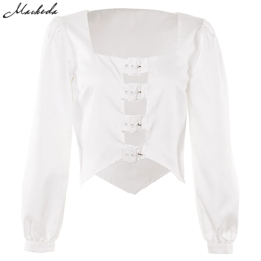 Macheda, осенняя сексуальная белая рубашка с вырезом, женский топ с квадратным воротником и длинным рукавом, элегантная повседневная укороченная футболка, Новинка