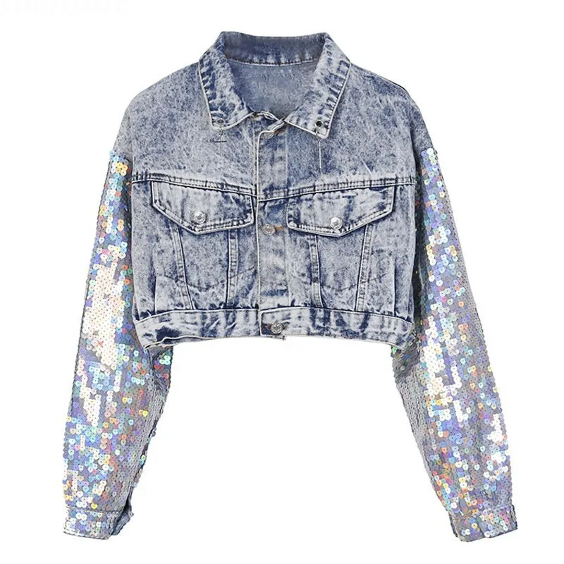 

2019 Spring Autumn High waist Punk Sequins Sleeve Casual Denim Jacket Women Abrigos Basic Jackets Chaqueta Mujer Casaco NZY38
