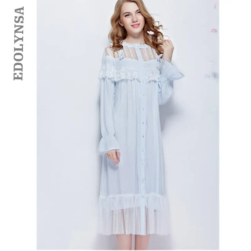 

Elegant Mesh Autumn Lace Night Dress Women Turtleneck Front Open Perspective Sweet White Long Pleated Sleepwear Vestidos T101