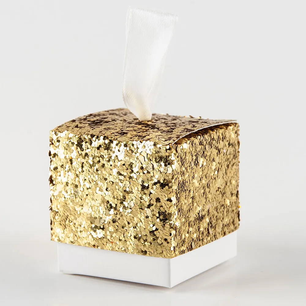 

50pcs Wedding Birthday Party Favors and Gift Package Candy Box Gold Glitter Favor Boxes With Ribbon