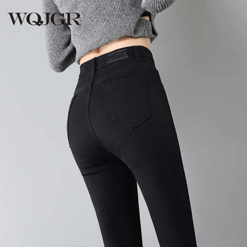 WQJGR, черные женские джинсы,, весна и осень, высокая талия, сто, тянущиеся, обтягивающие джинсы, женские, на молнии, джинсы для мам