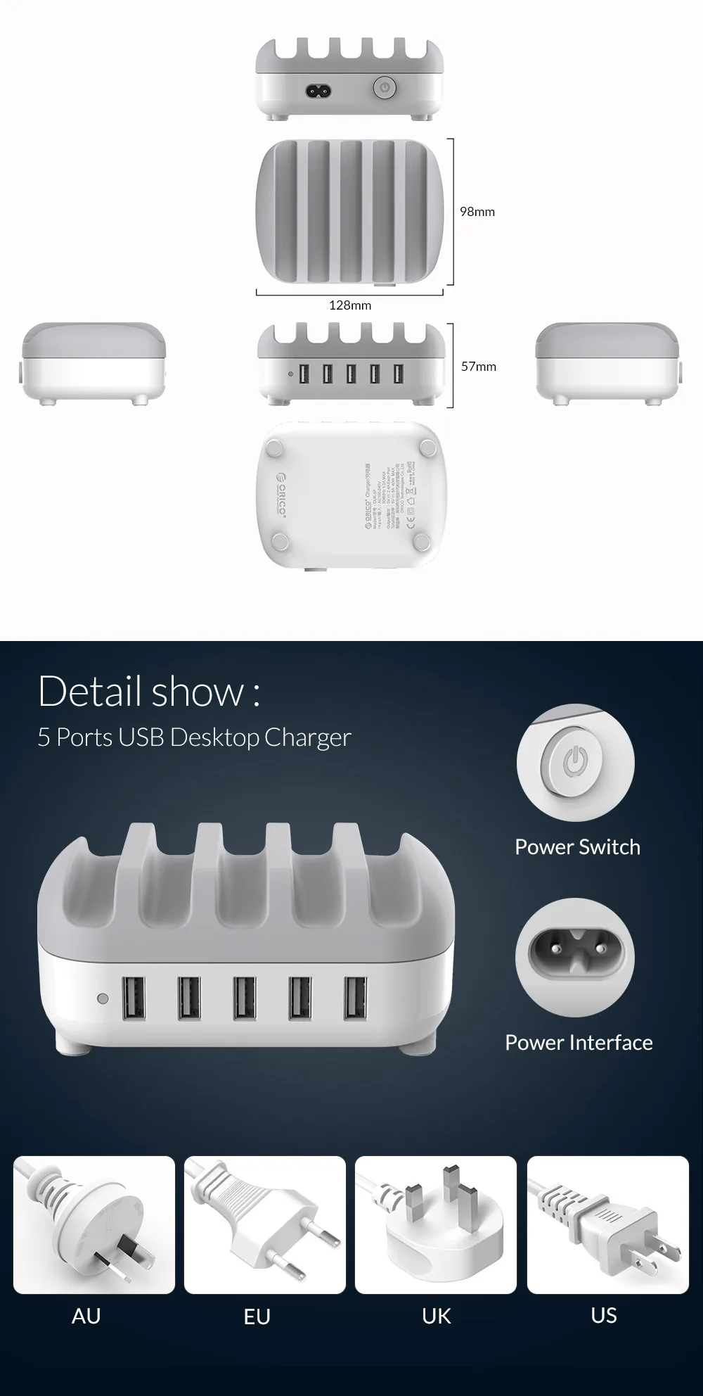 ORICO 40 Вт 5V2. 4A 5 портов USB Зарядное устройство Док-станция с держателем 5 usb зарядка для iPhone 6 7 смартфон Ноутбуки ПК быстрое зарядное устройство