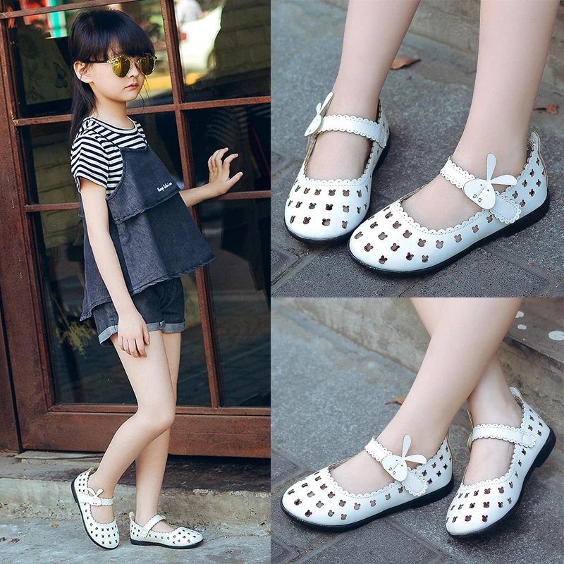

Summer Children girls Pu hollow out rabbit shoes Girls Shoes Flat Bean casual Shoes 21-36 white pink 095 TX04
