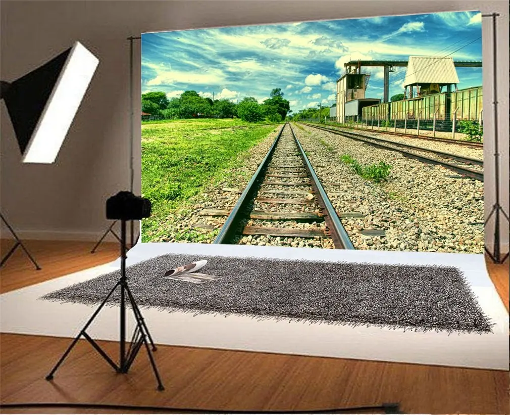 

Photography Backdrop Railway Blue Sky and Green Nature Photo Background