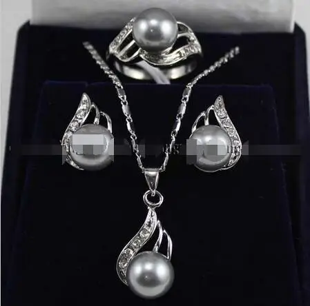 

FREE SHIPPING HOT sell new Style >>>>Gray Shell Pearl Earrings Ring & Necklace Pendant Set