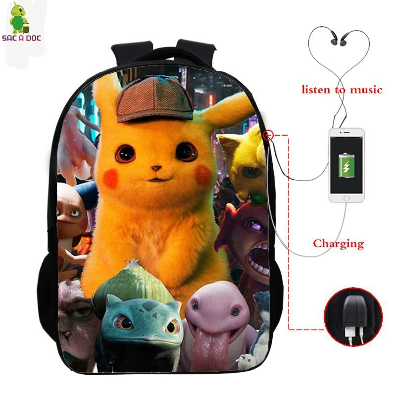 Pokemon детектив Пикачу USB Bagpack 16 дюймов школьные рюкзаки для подростков обувь мальчиков девочек рюкзак Пикачу BookBag Рюкзак для ноутбука