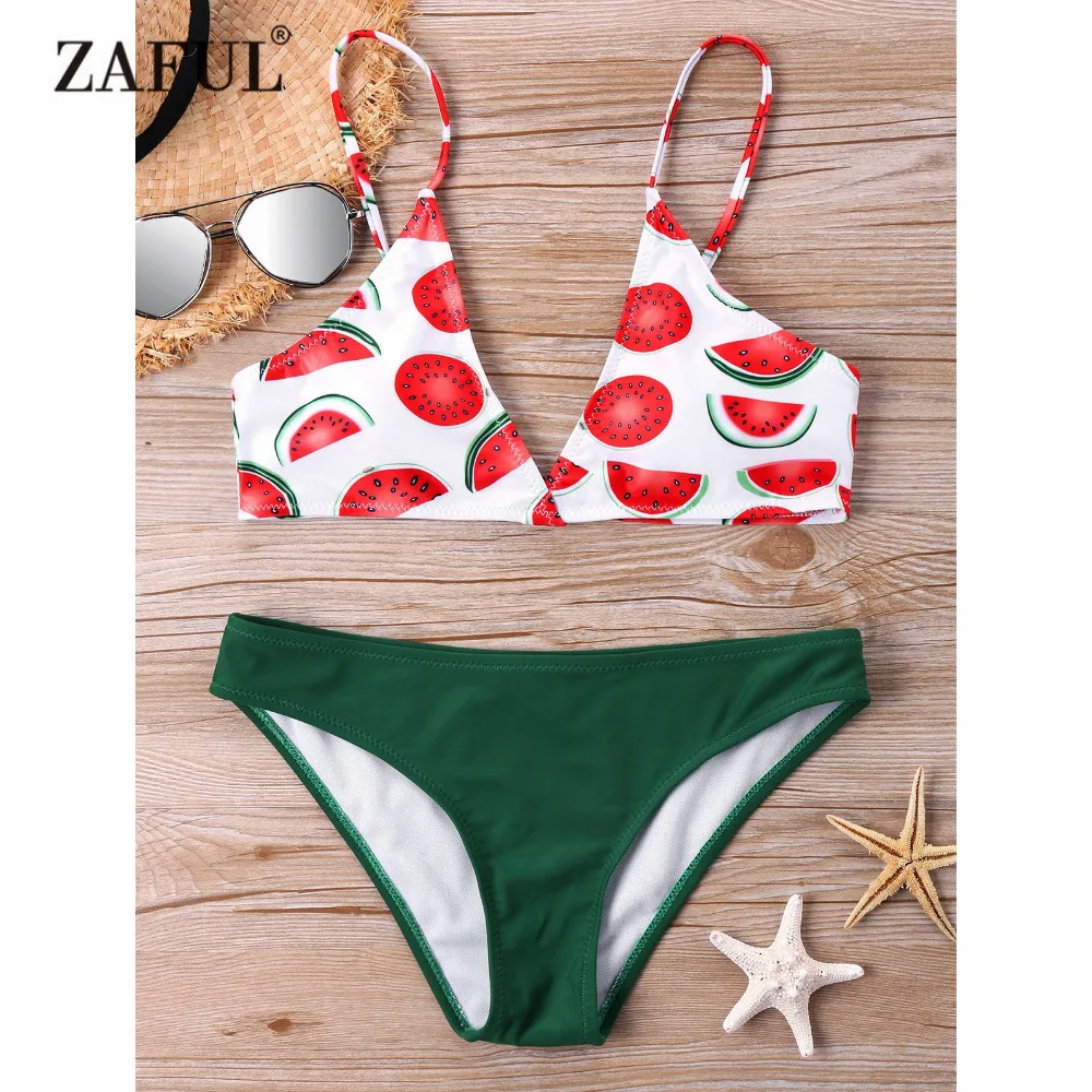 

ZAFUL Bikini Watermelon Print Plunging Bikini Set Color Block Women Swimsuit Adjustable Strap Swimwear Low Waist Padded Beacher