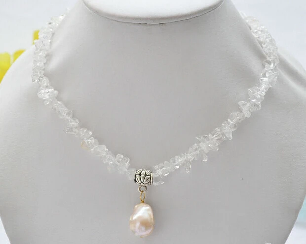 

Free shipping@@@@@ P5132 16" 14mmx18mm pink BAROQUE keshi PEARL pendant crystal detritus necklace