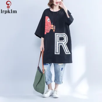 

Big T Shirt For Female Top Cotton And Linen Print Plus Size Loose O-Neck Long Section Tees 2018 Summer New For Women Tops CH124